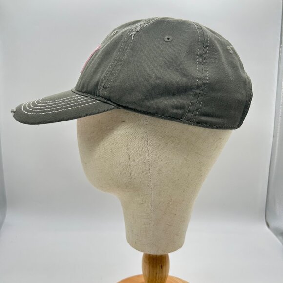 CAT Cap Womens Olive Green Cap Pink Logo Adjustable Strapback Distressed Hat - Picture 4 of 8